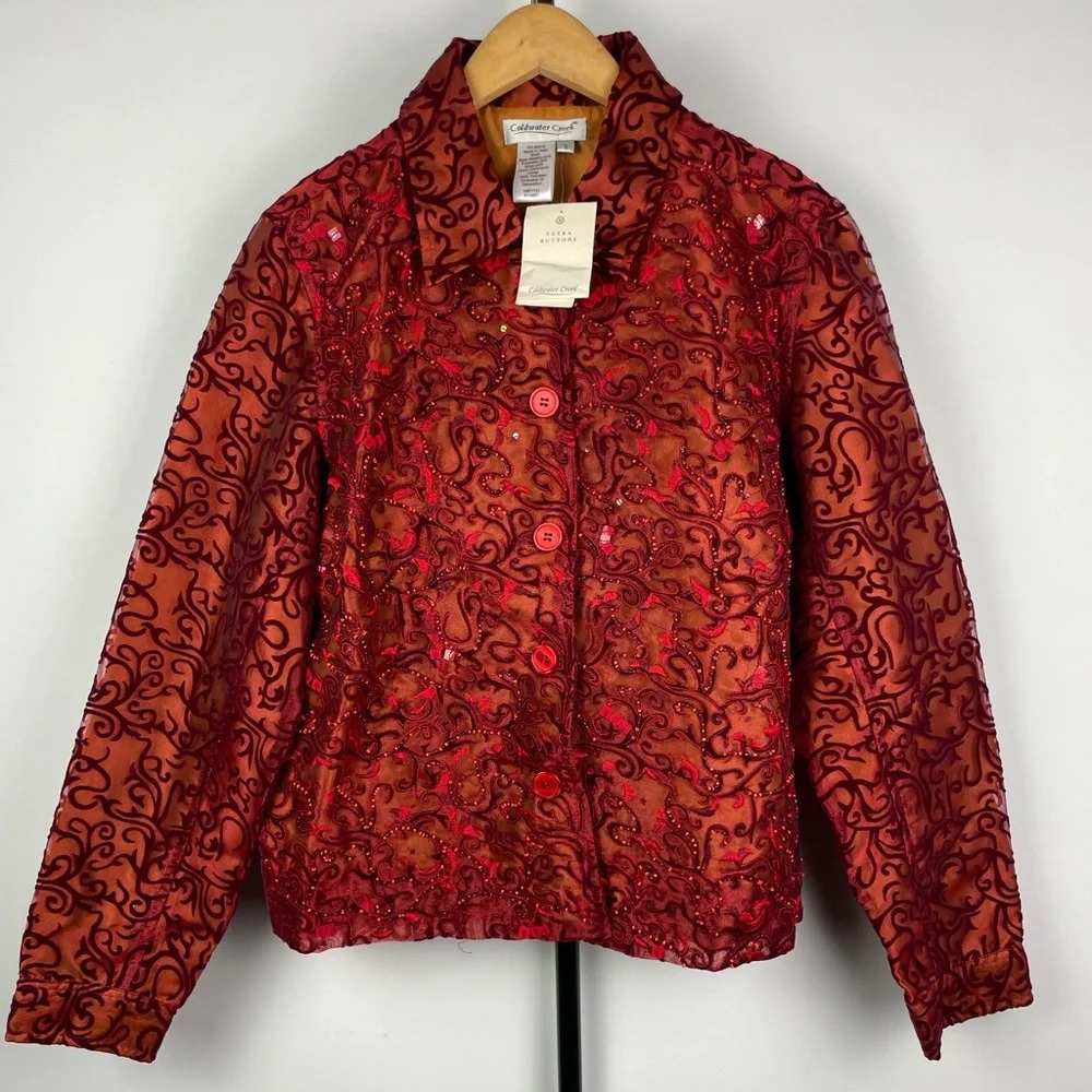 Coldwater Creek Red Beaded Sequined Burnout Scroll Button‎ Up Collared Jacket